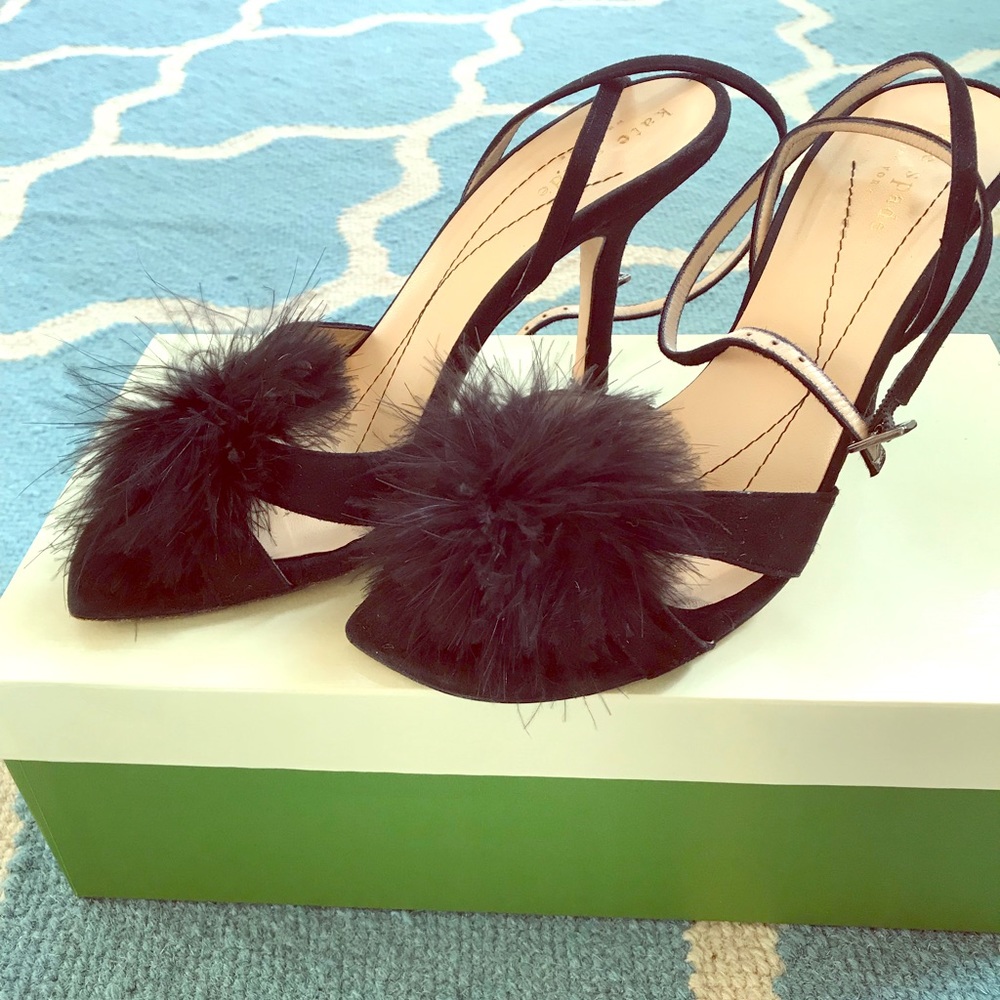 Kate spade black suede and feather puff stilettos